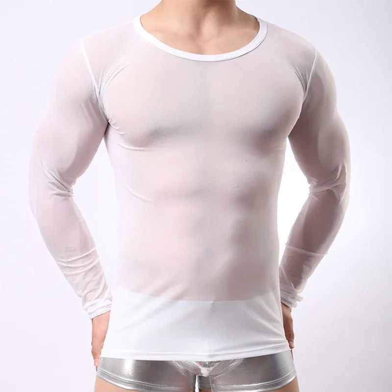 Men Undershirt Sexy Mesh Transparent Sheer Shirts Long Sleeves Slip Homme T Shirts Ondergoed Hemd Gay Top Tee Underwear Clubwear