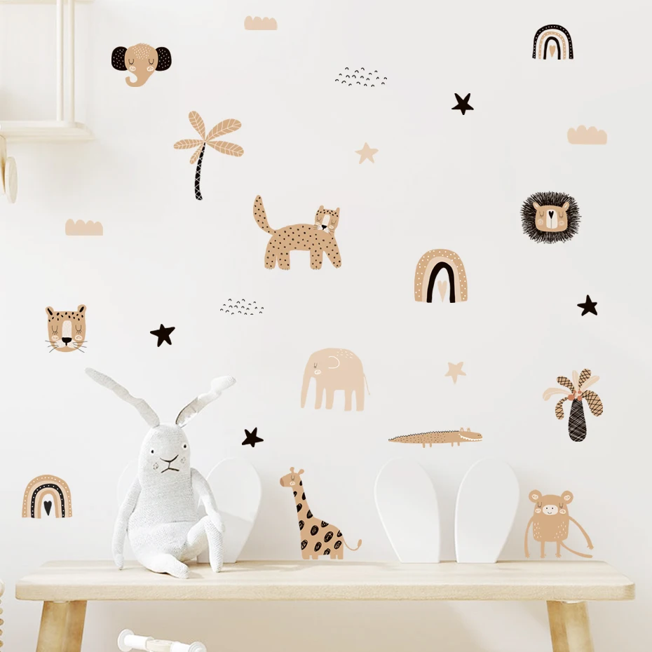 Boho Cartoon Rainbows Star Funny Animal Faces Watercolor Nursery Sticker Wall Decals Kids Boys Girls Room Home Decor