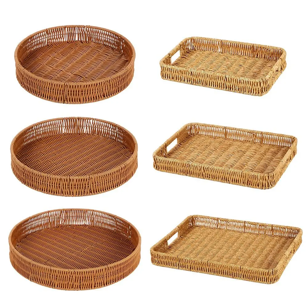 Food Plate Handwoven Plastic Rattan Storage Tray Round Shape Fruit Vegetable Cake Imitation Wicker Rattan Threads Basket