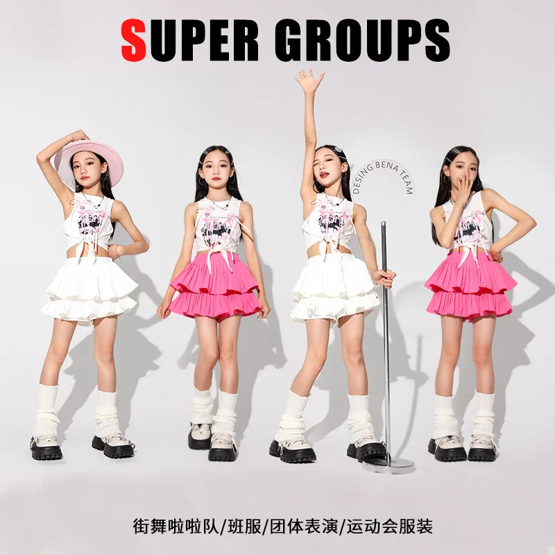 Pink Fashion Summer Hip Hop Dance Costume 4 Girls Jazz T Shirt Skirt Kid Ballroom Dancing Clothes Stage Outfit Perform Show Wear