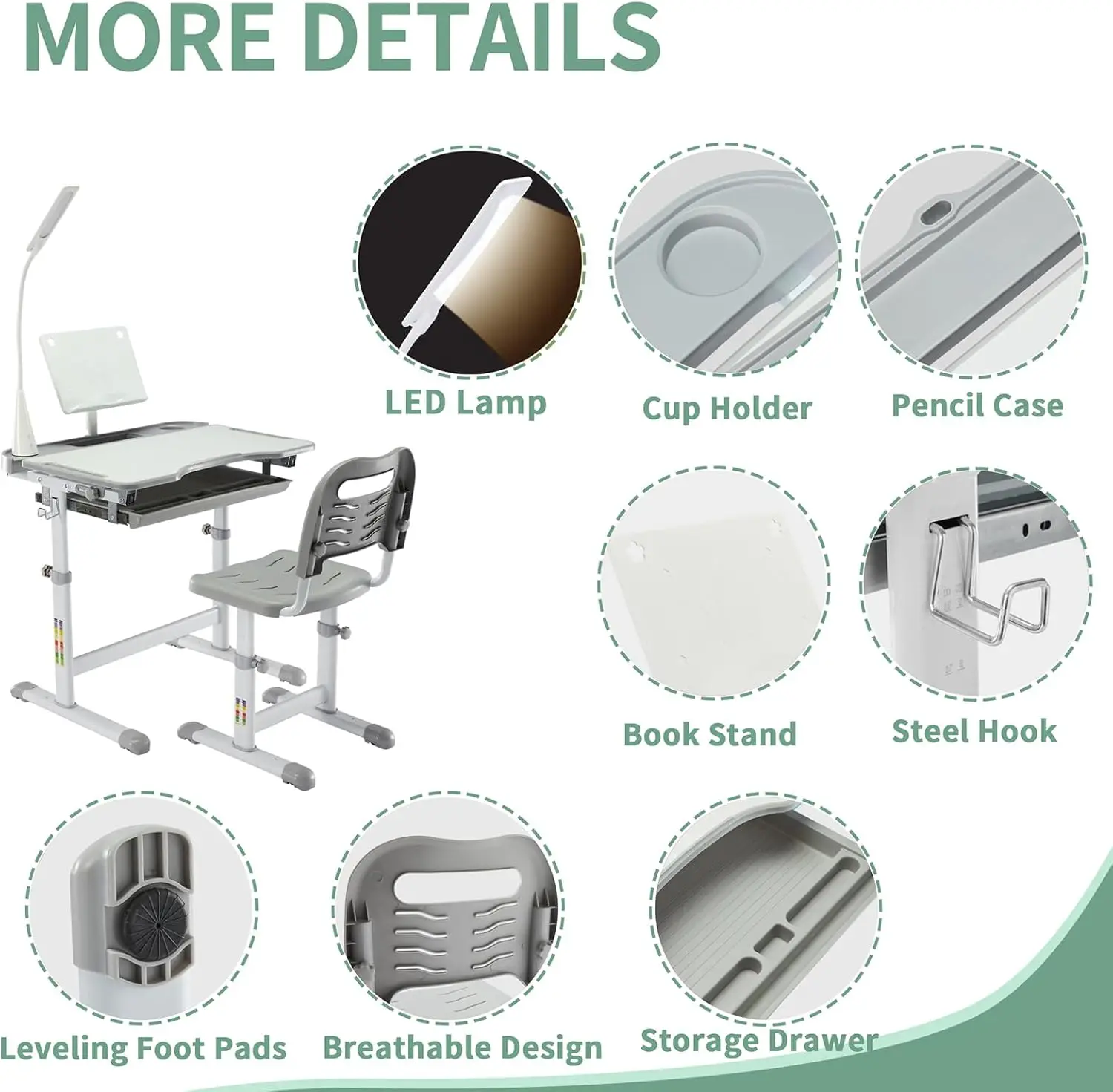 Kids Functional Desk and Chair Set, Ergonomic Height Adjustable Children School Study Desk with Tilt Desktop, Book Stand, LED