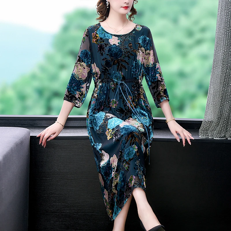 

2024 Green Velvet Patchwork Jacquard Midi Dress Women Chic Elegant Luxury Dress Autumn Winter Korean Vintage Night Dress
