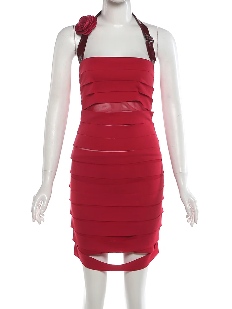 Nibber Mesh Patchwork Christmas Hollow Stripe Dress Women Elegant Belt Metal Buckle Halter Sleeveless Fashion Party Mini Bodycon