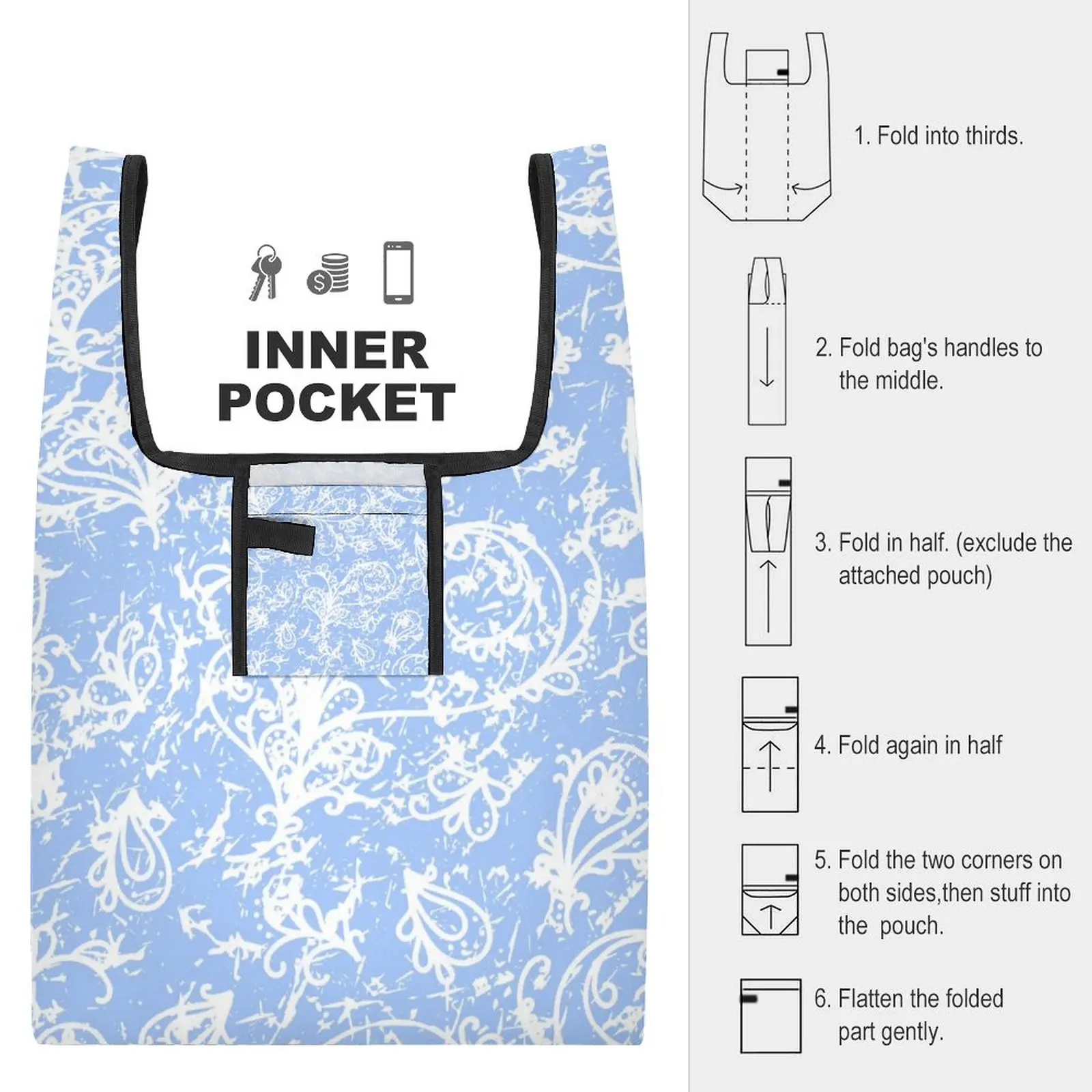 Customized Printed Shopping Bags Color Blocked Tote Blue Pattern Printing Tote Handbag Straps for Crossbody Custom Pattern