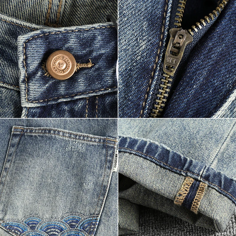 Heavy Washed Vintage Embroidered Denim Jeans Men's Versatile All Season Casual Trend Loose Tapered Straight Leg Pants Cityboys 4
