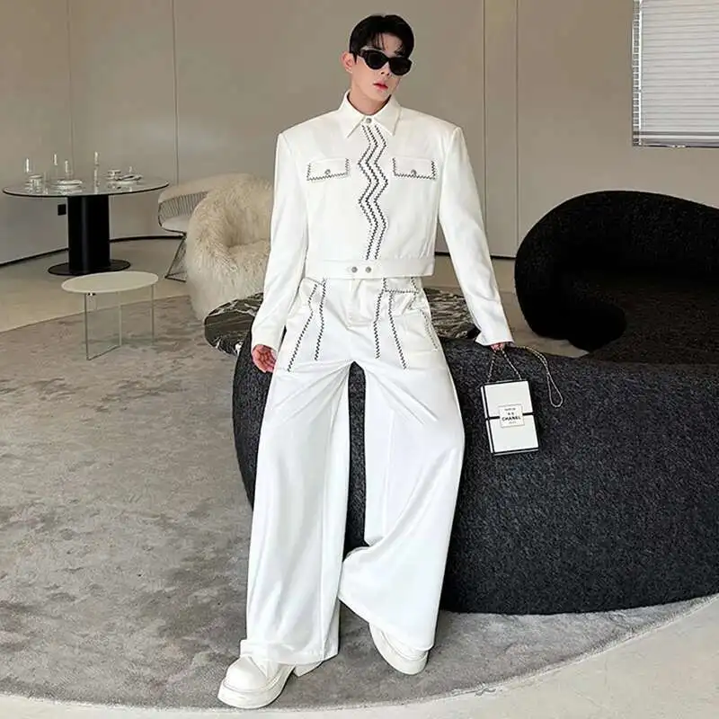 韓国Q.LEO WHITE  JACKET AND PANTS SET LUZHEN Wave Embroidery Short Jacket Set Casual Personalized