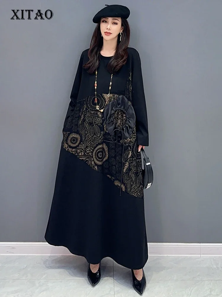 

XITAO O-neck Full Sleeve Dress Loose Casual Fashion Patchwork Print Temperament 2023 Autumn Women New Pullover Dress DMJ2804