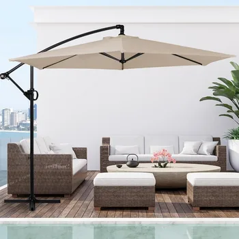 Patio Offset Umbrella w/Easy Tilt Adjustment,Crank and Cross Base, Outdoor Cantilever Hanging Umbrella with 8 Ribs, 95% UV 4