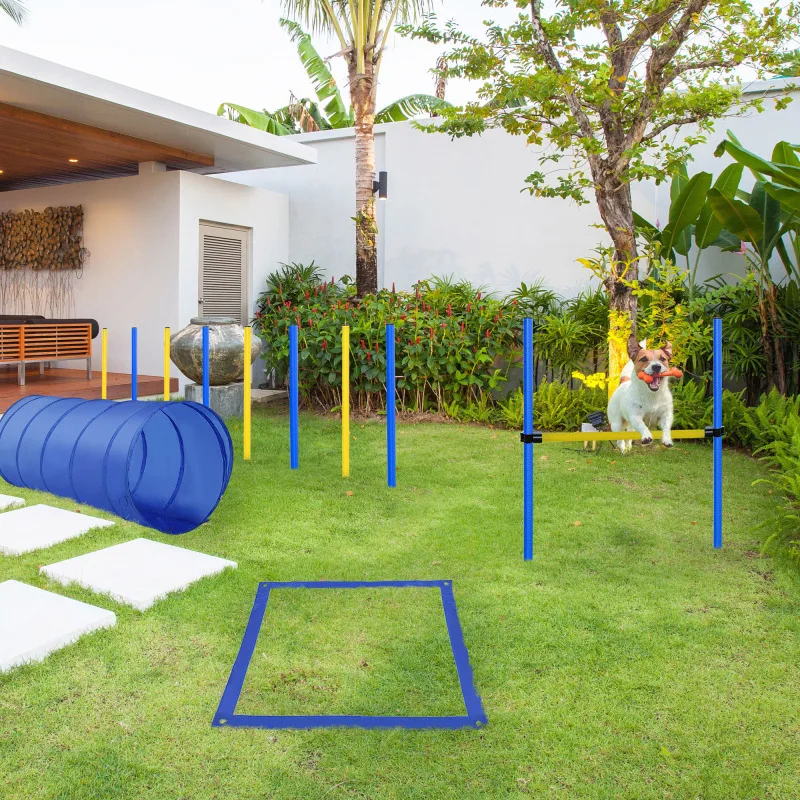 4PC Obstacle Dog Agility Training Course with Jump Hurdle, Tunnel, Pause Box, Weave Poles and Carrying Bag,Competitive Equipment