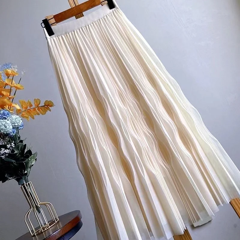 

3 Layers Tulle Long Skirt Women 2023 New Pleated Skirt Casual Office Black Beige Elegant A-line High Quality Vintage Bottom