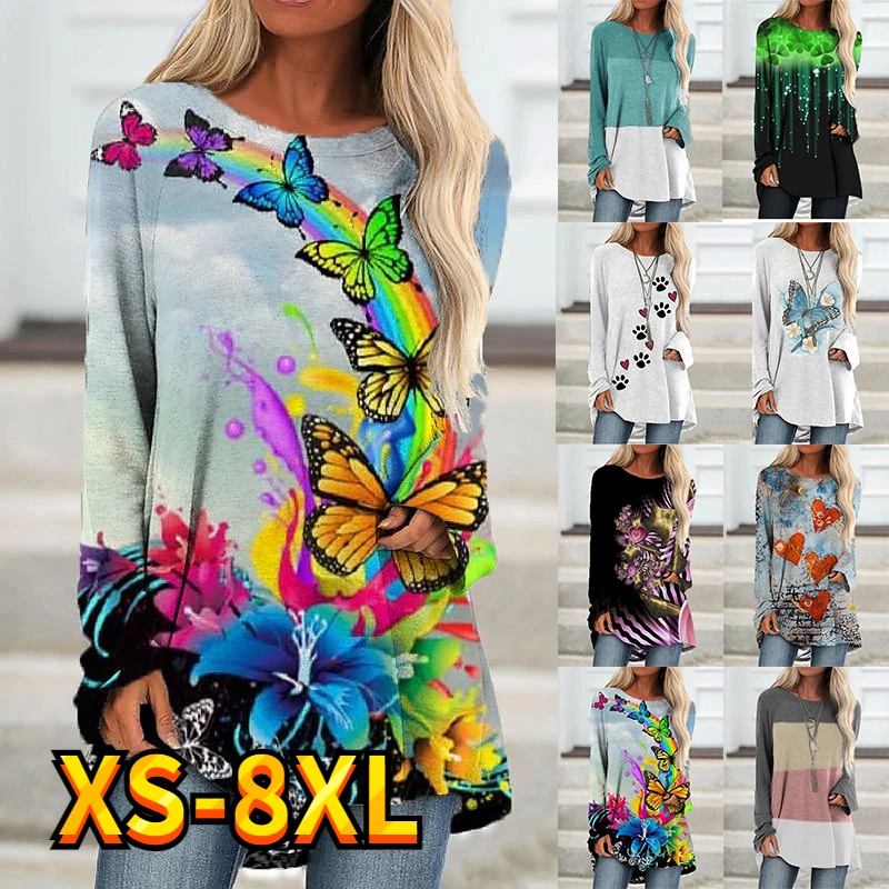 

Women's T Shirt Tee Tops Butterfly Flower Painting Floral Print Sweatshirt Holiday Daily Weekend Long Sleeve Round Neck XS-8XL