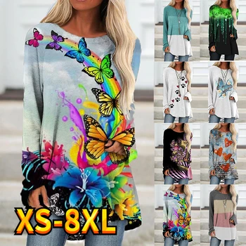 여성용 긴팔 라운드넥 XS-8XL 티셔츠, 나비꽃 그림, 꽃무늬 프린트 스웻셔츠, 휴일, 주말, 데일리
