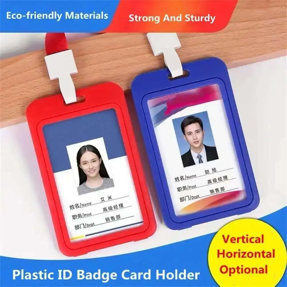 Double Sided Plastic Vertical And Horizontal Id Badge Card Holder Id Pass Holder Name Badge with Neck Lanyard Strap