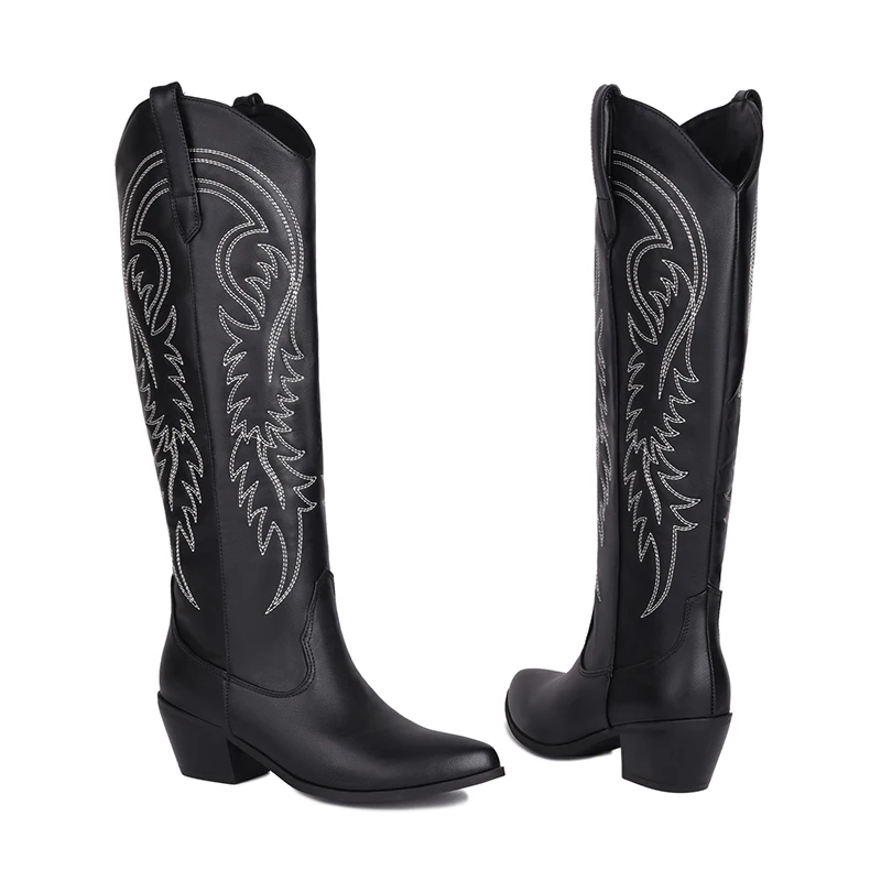 Kcenid Cowboy Knee High Boots Women Western Fashion Embroidery Pointed Toe Long Boots Vintage Slip On Women Boots Plus Size 46