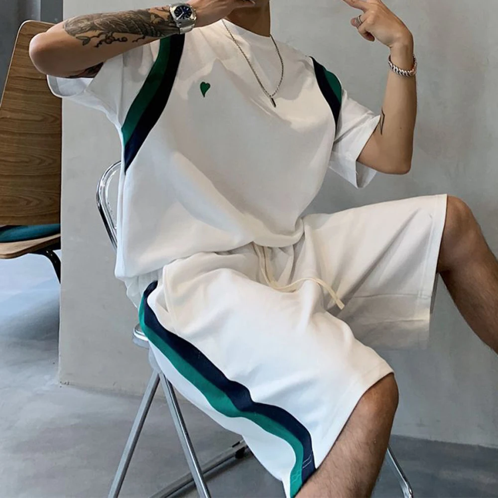 2024 New Summer Men's Suit Korean High Street Fashion Short Sleeve Shorts Print Outdoor Sports T Shirt For Men Shorts