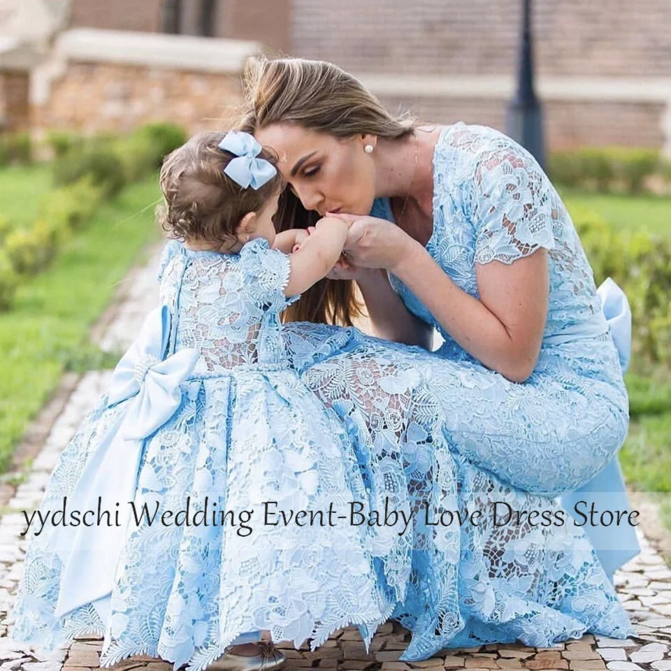 

2023 Blue Mommy and Daughter Prom Dresses Party Elegant Flower Girl Dresses Family Matching Clothing Lace Appliques Evening Gown