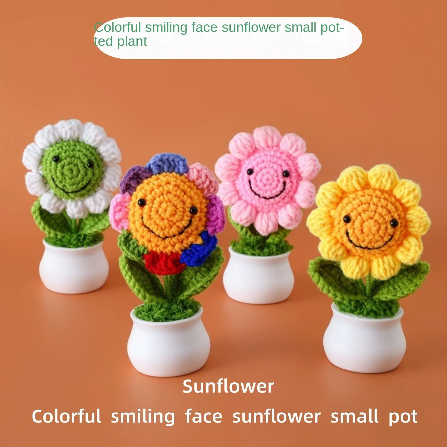 Finished Hand-Crochet Colorful Smiling Sunflower Handwoven Pot Flower Plant Cute Handmade Gift Home Desktop D&eacute;cor Car Decoration