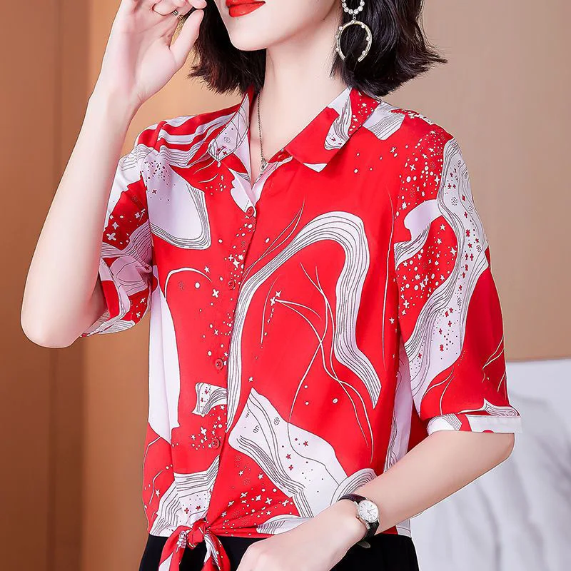 

Vintage Printed O-Neck All-match Bandage Bow Shirt Women's Clothing 2023 Summer New Casual Tops Office Lady Asymmetrical Blouse