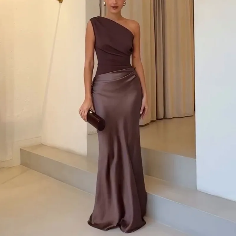 Patchwork Satin Sexy One Shoulder Women Maxi Dress Vintage Sleeveless Evening Dress Slim Elegant Party Birthday Clubwear