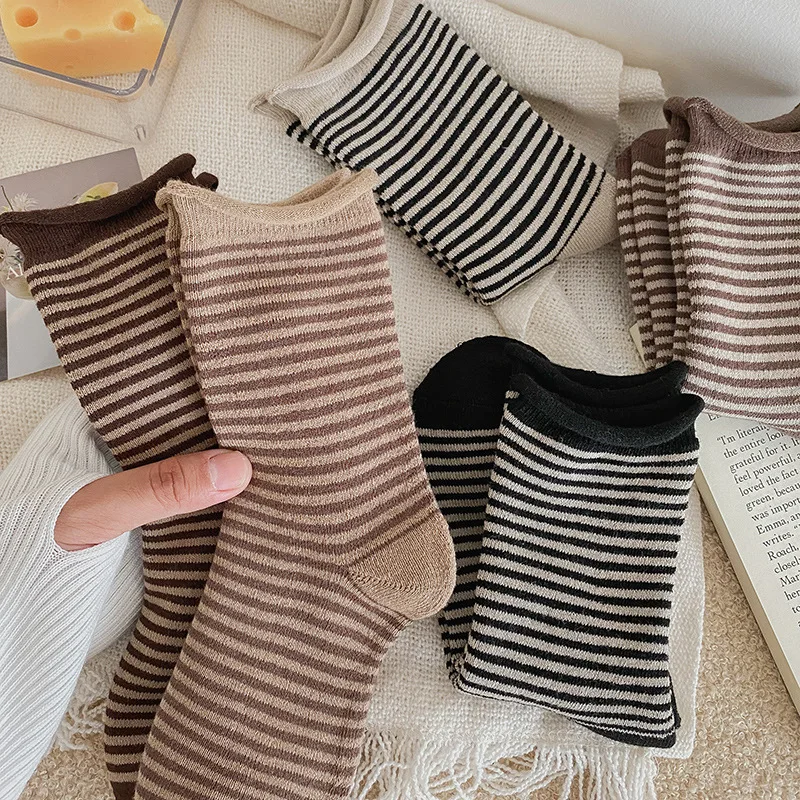 

1 Pair Socks For Women Autumn Winter Japanese Fashion Harajuku Striped Socks Cotton Kawaii Thick Warm Long Funny Socks Thermal