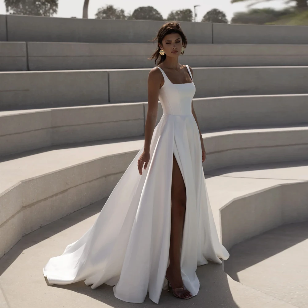 

Simple Square Wedding Dresses Sleeveless High Slit Half Open Back Bridal Growns Floor Length A Line Satin Vestidos De Novia 2024