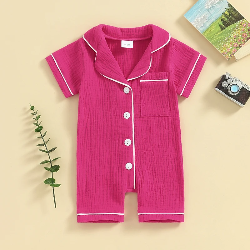 0-24M Baby Pajamas Jumpsuits Boys Girls Short Sleeve Lapel Button Down Romper Summer Newborn Infant Sleepwear