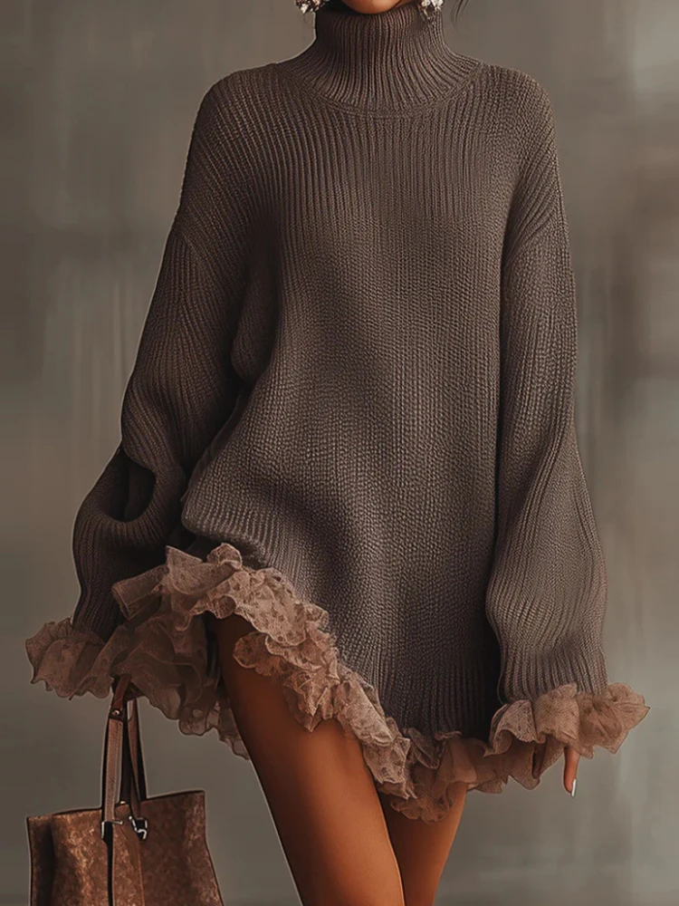Long Sleeve Lace Patchwork Long Sweaters Women Autumn Turtleneck Knit Elegant Pullovers New Casual Solid Lady Mini Dress Sweater