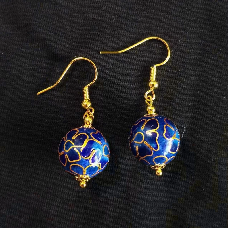 

National Style Retro Chinese Cloisonne Earrings Deep Blue Large Round Pearl Eardrop High Sense Of Women's Jewelry
