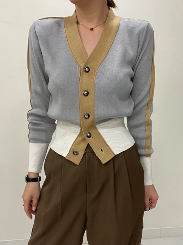 

Fall Winter 2024 Color Block Cardigan Knitted Sweater Women V-neck Single-breasted Button Up Long Sleeve Tops Jumper Jacket 4790