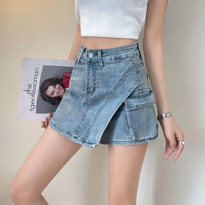 Mini Skirt Solid Color High Waist Pockets Spring Summer Retro Women Slim Irregular A-Line Work Short Skirt Casual Fashion Simple
