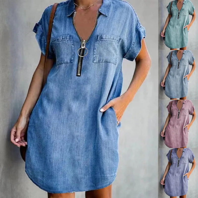 

Fashion Lapel Zipper Splicing Pullover Dress Female Summer Solid Color Short Sleeve Denim Dressy Women Street Casual Loose Gown