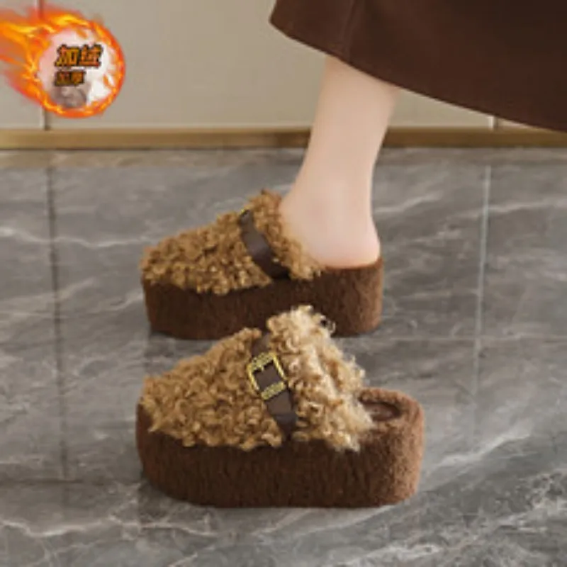 Fashion Outside Double Button Plush Slippers Women's Platform Slippers Women Winter Belt Buckle Slippers Chanclas Mujer