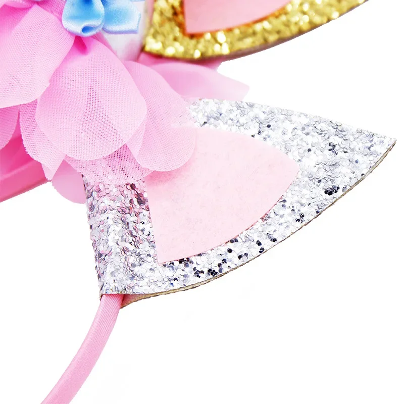 Girl Baptism Birthday Headband Horn Gold Glittery Artificial Flowers Ears Headwear Princess Unicorn Theme Baby Shower Party Gift
