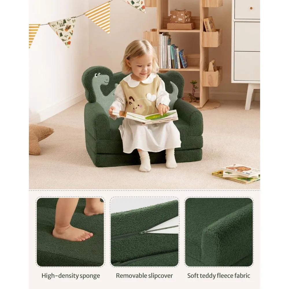 Kids Couch, 2-in-1 Soft Toddler Couch Fold Out, Toddler Chair Comfy, Convertible Sofa to Lounger with Cute Dinosaur Designs 5