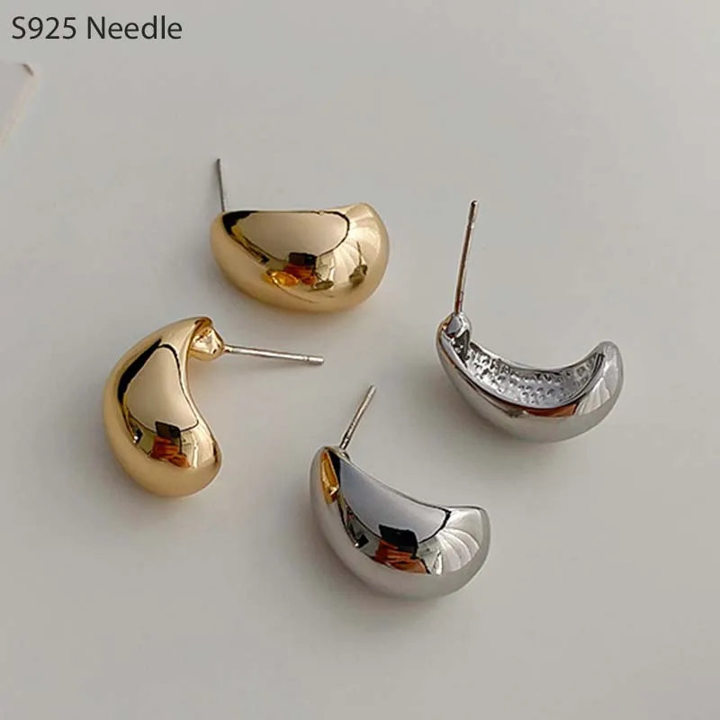 

925 Sterling Silver Needle Stud Earrings for Women 18K Gold Bean Shape Fashion Female Party Earrings