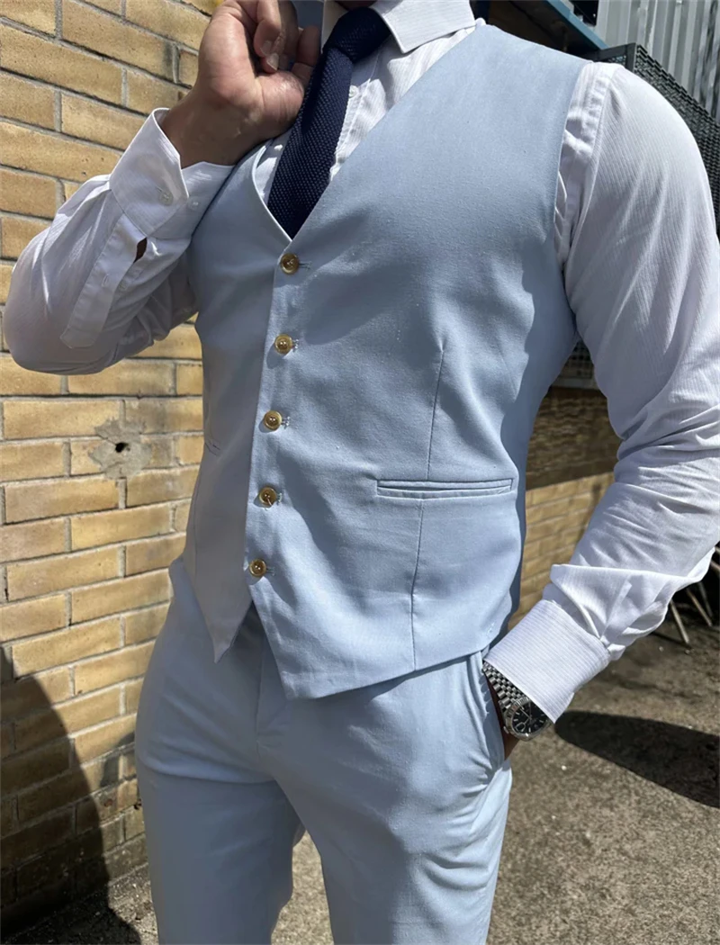 Sky Blue Linen Men Suits Outdoors Summer Party Wedding Groom Tuxedo 3 Pcs Male Fashion Jacket Vest Pants