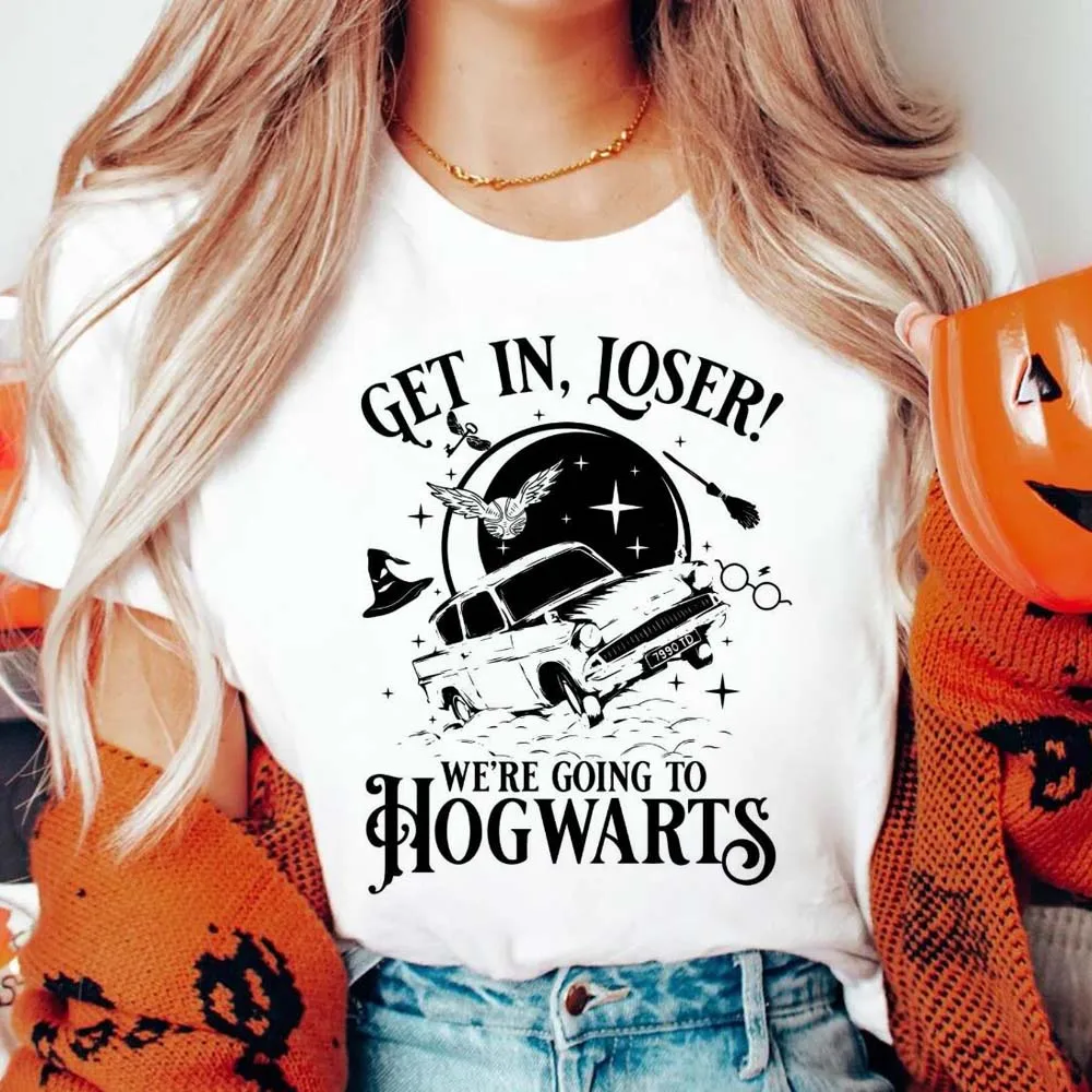thumbnail image 1 of Camiseta estampada de manga corta Get In Loser We Are Going To Hogwart Fun Pattern, camiseta Retro de moda para mujer, Top de dibujos animados, 1 of 4