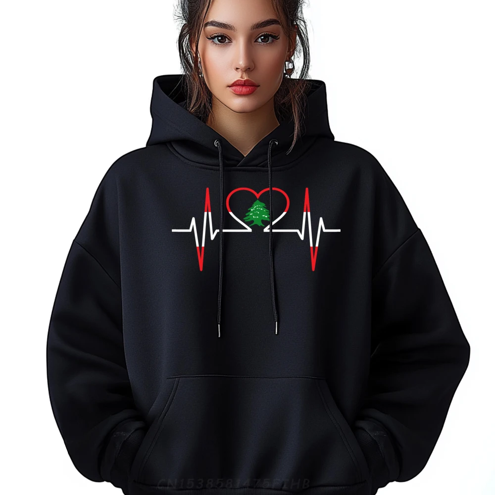 O Neck Heartbeat ECG Lebanon Country Flag Female Hoodies Geek long Sleeve Sweatshirt Latest Printed On Hoodies Heartbeat ECG Lebanon Country Flag Color