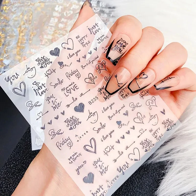 Nail Stickers 6Pcs/Pack Laser Gold Silver 3D Love Heart Letter Image Ins Style DIY Foils Accessories