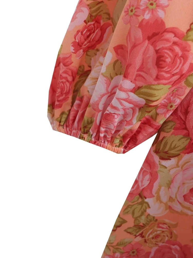 Women’s Pink Floral Print Elastic Waist Long Sleeve Mini Dress