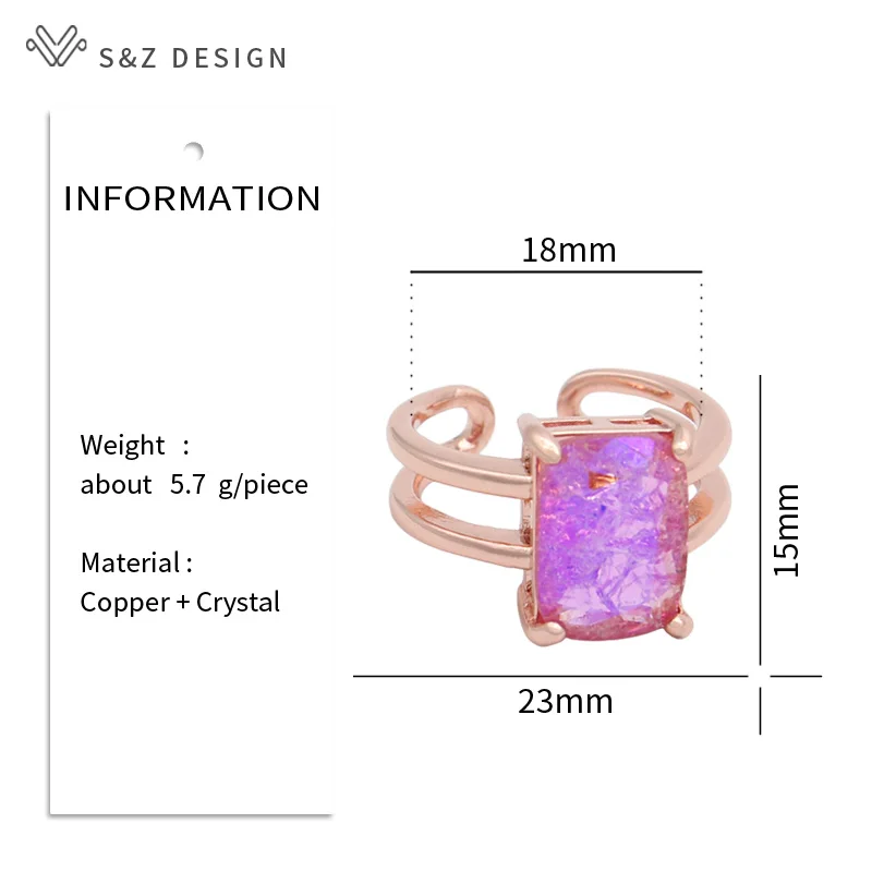 S&Z DESIGN New Fashion Rectangle Ice Crack Crystal Adjustable Rings For Women Wedding 585 Rose Gold Color Stylish Jewelry Gift