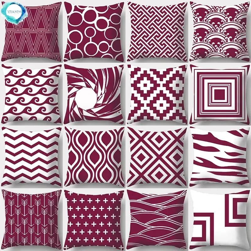 

Wine Red Geometry Print Decorative Cushions Pillowcase Polyester Cushion Cover Throw Pillow Sofa Decoration Pillowcover