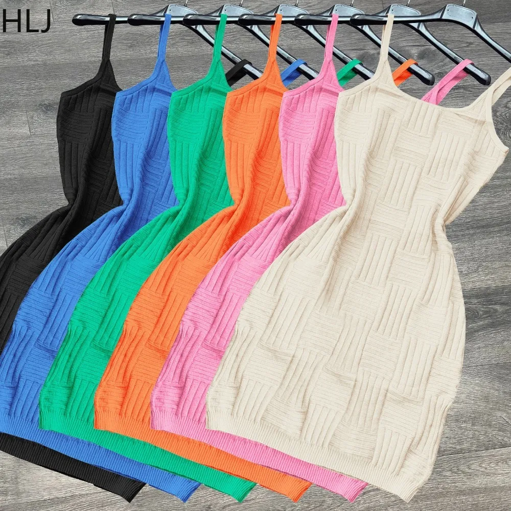 

HLJ Summer Solid Color Knitting Bodycon Suspenders Dress Women Thin Strap Sleeveless Backless Mini Dresses Female Vestidos 2024