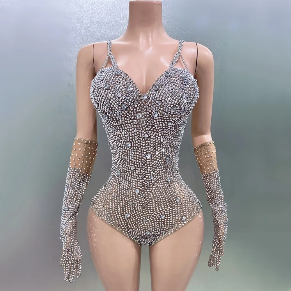 

Luxury Sparkly Diamonds Gloves Sexy Sling Bodysuit Evening Party Performance Costume Bar Nightclub Singer Dancer Stage Wear