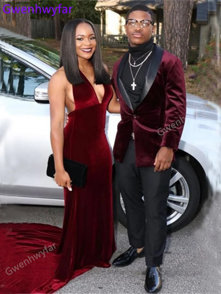

Gwenhwyfar Elegant Wine Red Prom Dresses Male Shawl Lapel One Button Velvet Men Wedding Suits Groom Luxury Blazer Sets