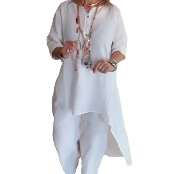 

Повседневный костюм из хлопка и льна с длинными рукавами для женщин, Новинка лета 2024, однотонный костюм с длинным топом и брюками, комплект из 2 предметов