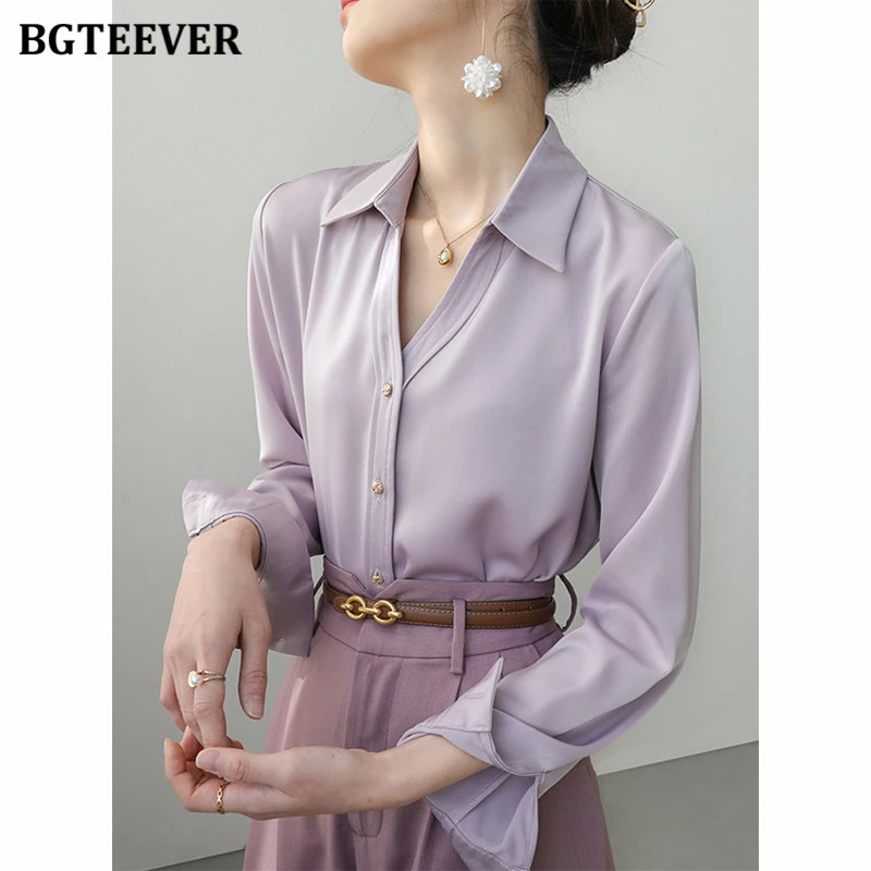 

BGTEEVER Autumn Fashion Long Sleeve Women Satin Blouses Elegant Lapel Single-breasted Loose Female Shirts Tops Ladies Blusas