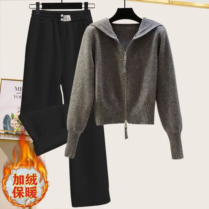 Autumn/Winter Casual Set for Women with Design Sense Double Zipper Hooded Knitted Top and Plush Casual Pants Two Piece Set