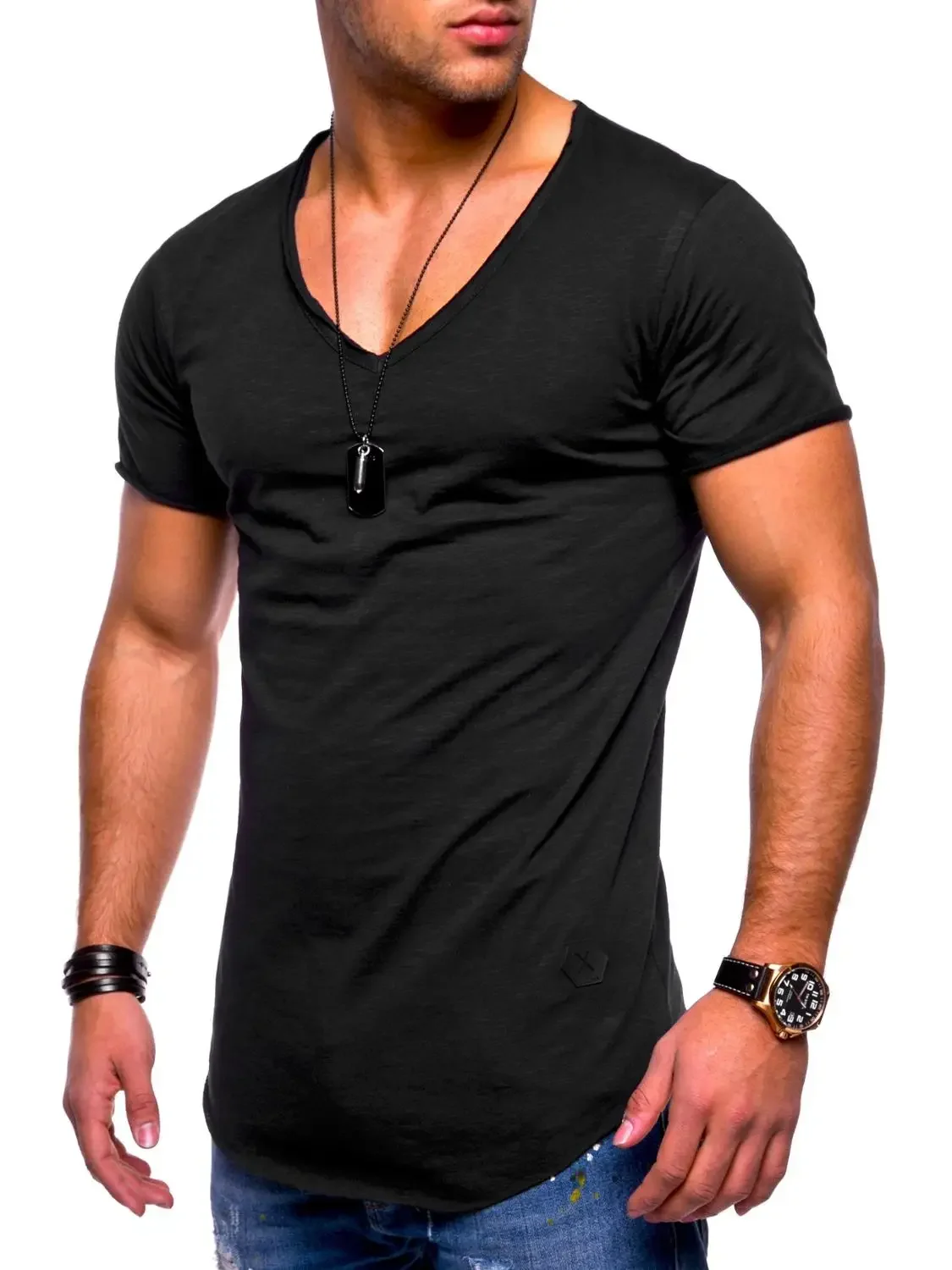 

Men's T-shirt Explosion Models Large Size V-neck Stretch Solid Color Short Sleeve Youth Base Shirt Factory Direct Vest