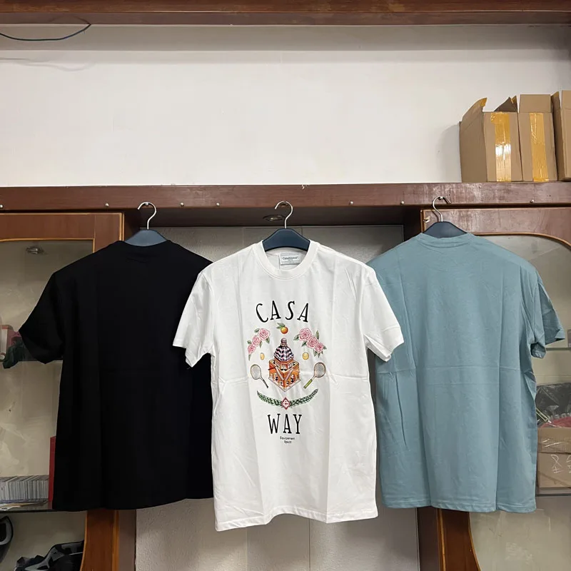 

Real Photo Casablanca T Shirt Castle Flower Letter Print Men Women Couple Summer Soft O-neck Short Sleeve Tee CASABLANCA T-shirt